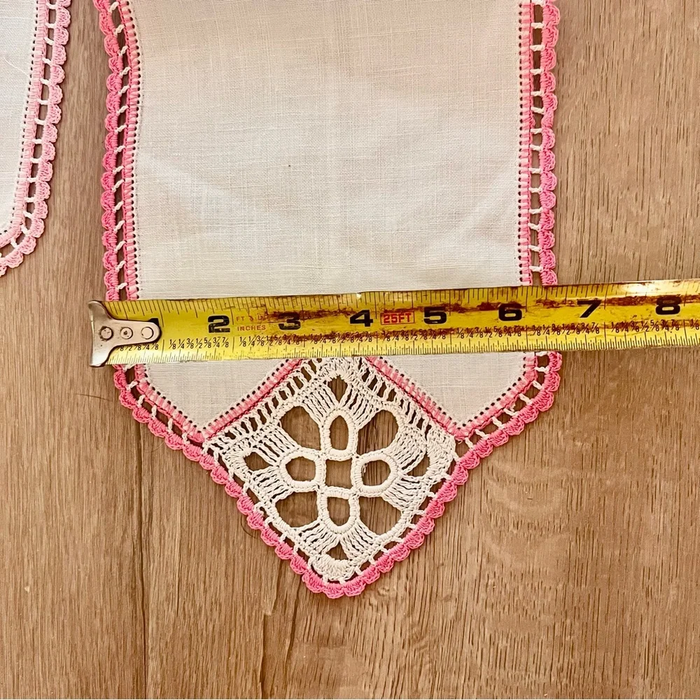 5 PCs Vtg Pink Crochet Edged Linen Flower Doilies Arm Chair Cover Dresser Scarfs